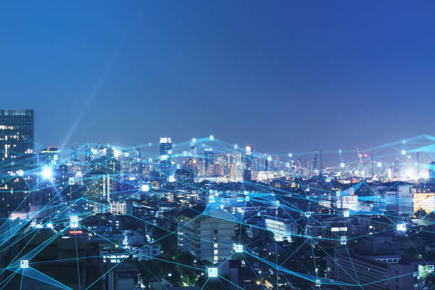 istock Abstract glowing polygonal mesh on dark night city background with mock up place for your advertisement. Technology and network concept. Double exposure. 1331976145