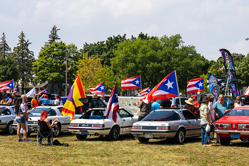 Milwaukee, WI USA 8/1/2021 Car show with Puerto Rican Flags at the Milwaukee Puerto Rican Family Fest