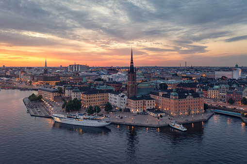 View over central Stockholm with Riddarholmen and Gamla Stan in the foreground on a summer night with a beautiful sky.