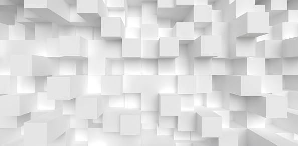 Abstract geometry background 3d render. White cube split level composition. Geometric backdrop top view illustration. Tectonic modern clear wallpaper. Uneven architectural surface. Decorative texture