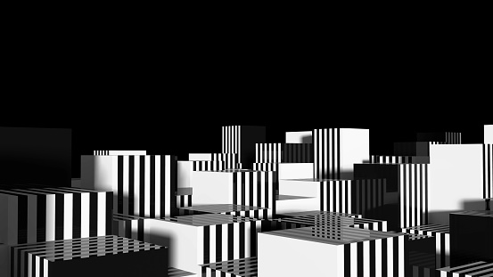 Abstract geometry city 3d render. Black and white cube split level composition. Geometry backdrop top view illustration. Tectonic modern clear wallpaper. Contrast stripes architectural scene