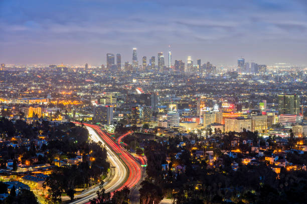 istock Arial View of Los Angeles Skyline Illuminated at Night 1331982041