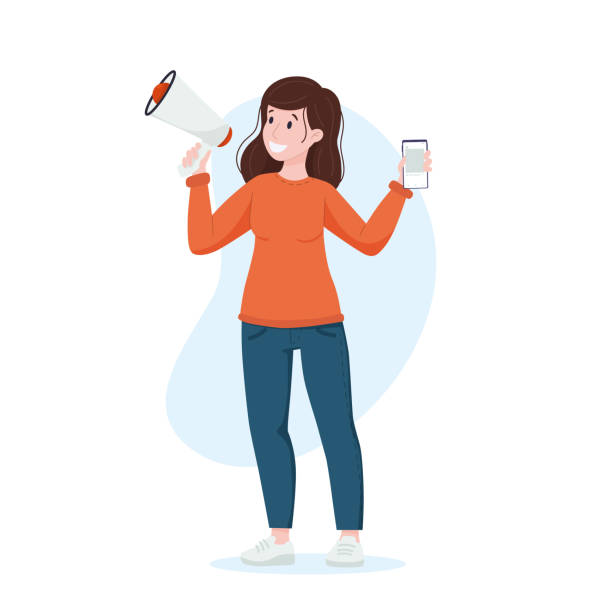 koncepcja ugc. kobieta mówi do megafonu z telefonem w rękach. tworzenie treści, opinie. - marketing megaphone advertise listening stock illustrations