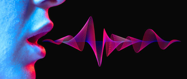 Woman lips with sound wave Woman lips with sound wave on black background in neon light. sound wave photos stock pictures, royalty-free photos & images