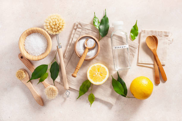 istock zero waste eco friendly cleaning concept. wooden brushes, lemon, baking soda, vinegar 1331986367