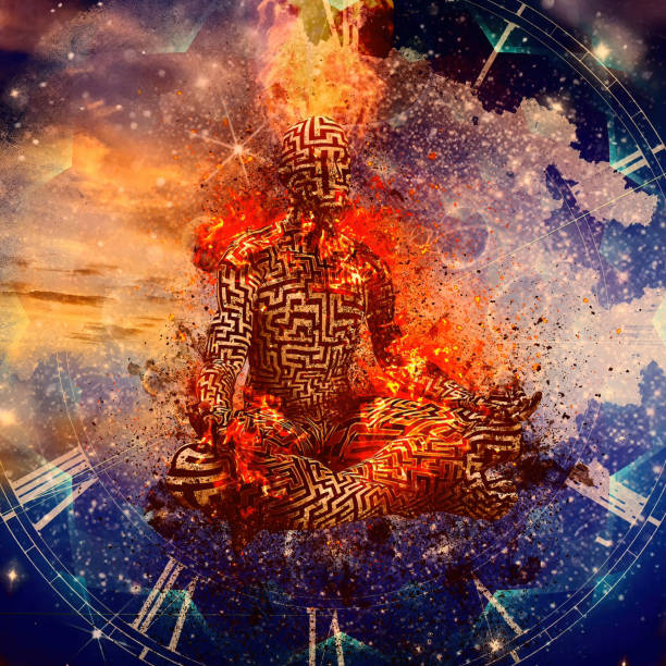 istock Flaming Meditation. Man in Lotus Pose. 3D Rendering 1331986414