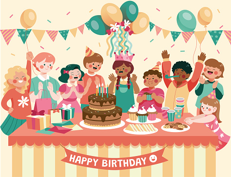 Kids birthday party illustration. Celebrating and eating a big chocolate cake.