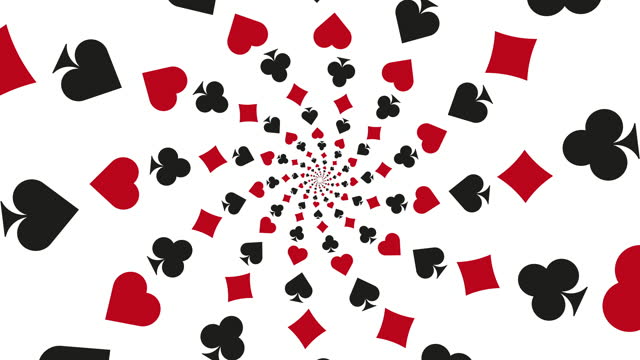 White animated background with playing card symbols. Diamonds, Clubs, Hearts, and Spades in simple motion graphic spiral