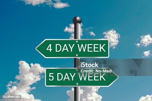 istock Five-day or Four-day workweek - Traffic sign with text - 4-day or 5-day work week ( 2-day or 3-day weekend ). Employees, employment, holiday, Question of productivity and efficiency 1331990785