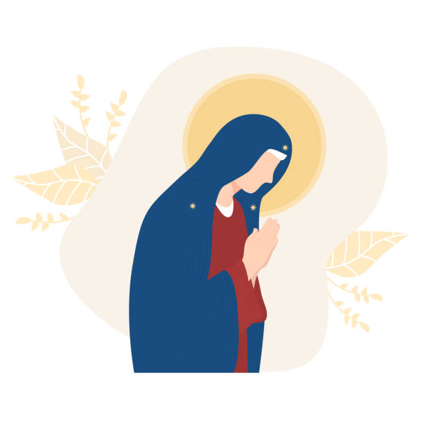 пресвятая богородица, царица небесная. дева мария, матерь божия, безродно молится на декоративном фоне. векторная иллюстрация для христиан� - santa maria stock illustrations