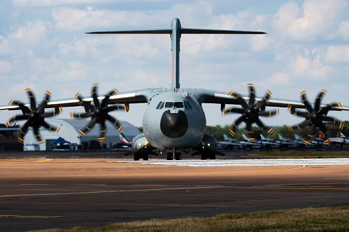 2018: Airbus A400M Atlas EC-400 transport plane display for RIAT Royal International Air Tattoo 2018 airshow