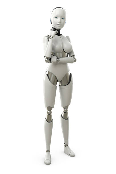 A humanoid robot girl is standing and thinking on white background with clipping path. Artificial intelligence concept.3d render.