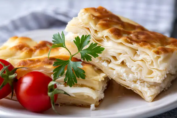 Delicious Turkish food; Tray pastry; (Turkish name; Su boregi)