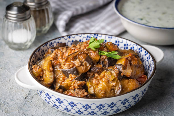 istock Traditional delicious Turkish food; eggplant moussaka (Turkish name; Patlican musakka and cacik) 1331994247