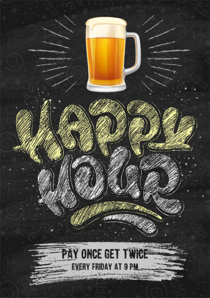 Happy Hour Poster Template With Chalk Lettering Happy Hour. Poster template with beer mug and unusual hand drawn chalk calligraphy lettering for catering establishments advertisement. Black blackboard on background. Vector illustration. pub stock illustrations
