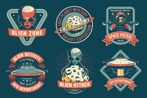 illustrations, cliparts, dessins animés et icônes de badge ovni avec ensemble vintage extraterrestre - equipment group of objects space moon