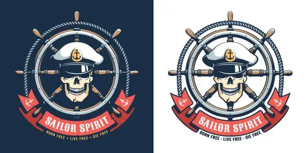 Vector illustration of Captain seaman retro emblem - skull with ship helm