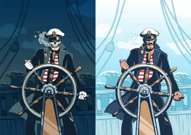Vector illustration of Ship Captain at helm against sea background