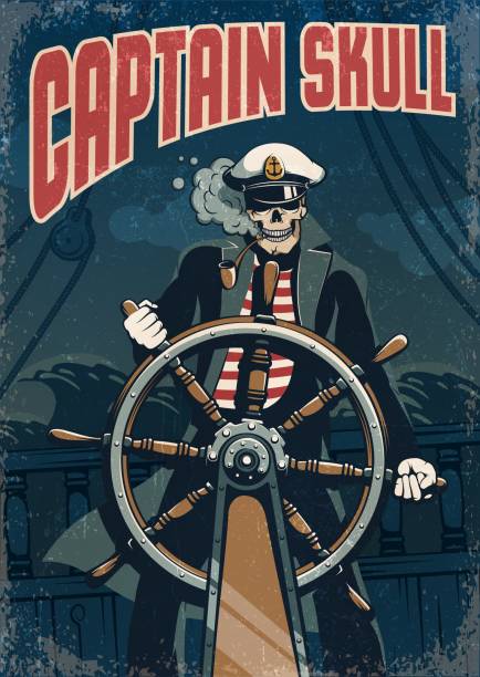 Skull sea captain at the helm of the ship. Pirate sailor. Vintage grunge poster.
