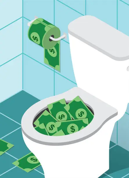 Vector illustration of Throwing Money Down the Toilet Clogged Wasteful Government Spending Budget Finances