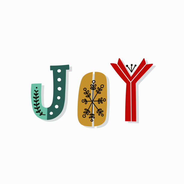 Christmas JOY lettering. Vector flat illustration. Christmas JOY lettering. Hand-drawn phrase with decorative elements isolated on a white background. Vector flat illustration for Xmas greeting cards, invitations, mugs, posters. Holiday quote. snowflake shape clipart stock illustrations