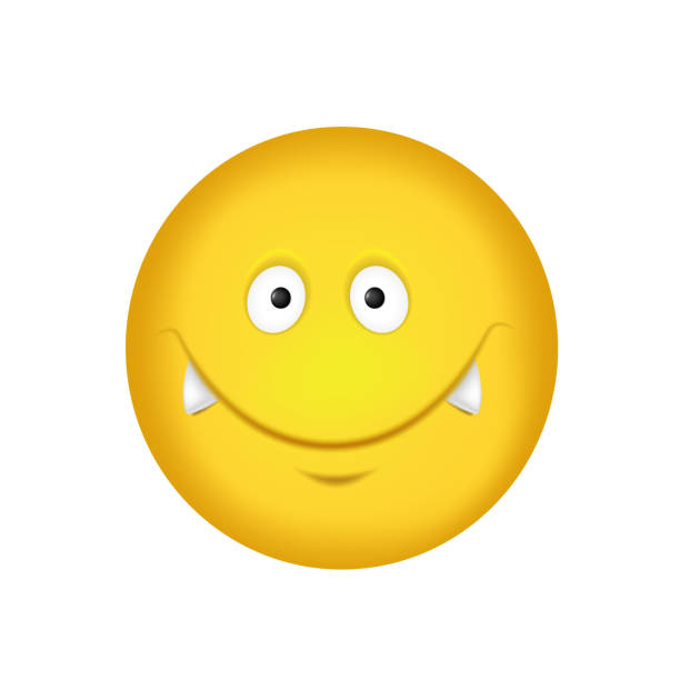 istock Cheerful emoticon. Smiling face in yellow with vampire fangs. Vector illustration 1331998125