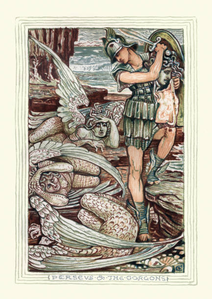 ilustrações de stock, clip art, desenhos animados e ícones de perseus and the gorgons, slaying medusa, ancient greek mythology hero - medusa greek mythology mythology gorgon