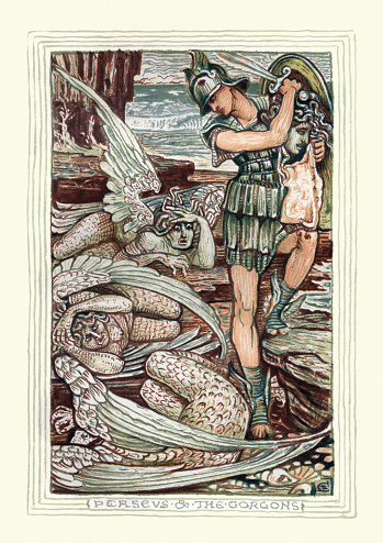 Vintage illustration Perseus and the gorgons, slaying Medusa, Ancient Greek mythology hero. Walter Crane