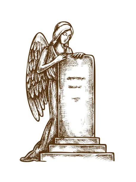 Vector illustration of Cemetery tombstone with angel sculpture sketch isolated