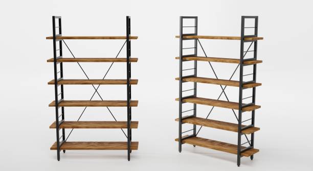 istock Wooden shelving with metal base, front and angle view. Empty rack in loft style for interior office or home, modern design. Mockup shelves for storage isolated on white background, 3d illustration 1332000600