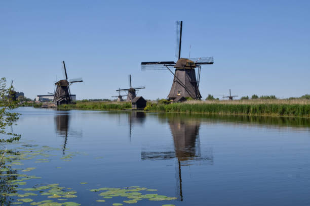 typical dutch landscape with historic windmills in the polder of kinderdijk in the alblasserwaard along the water with beautiful reflections - alblasserwaard imagens e fotografias de stock