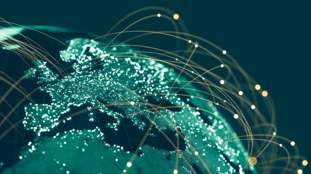 Global Communication Network Blue Globe viewing from space at night with connections between cities.
(World Map Courtesy of NASA: https://visibleearth.nasa.gov/view.php?id=55167) europe stock pictures, royalty-free photos & images