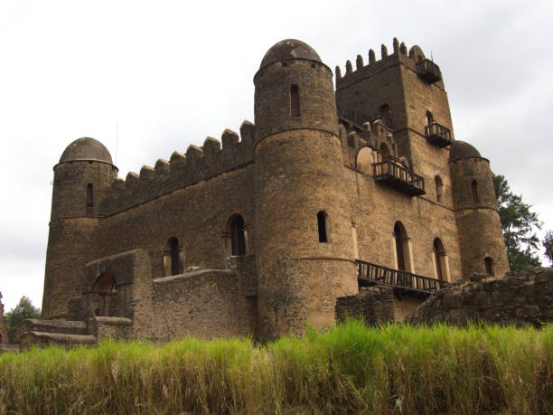 Closeup landscape of old medieval castle Fasil Ghebbi in Gondar, Ethiopia. stock photo