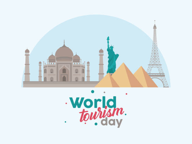 happy world tourism day happy world tourism day with landmarks World Tourism Day stock illustrations