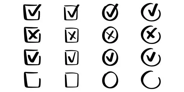 Vector illustration of Hand drawn checkmark set. Correct and incorrect symbol. Cross symbol. Accept sign. Check mark in doodle. Sketch style. Vector EPS 10