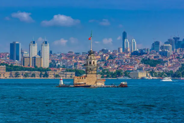 Maiden's Tower with Skyscrapers at Istanbul