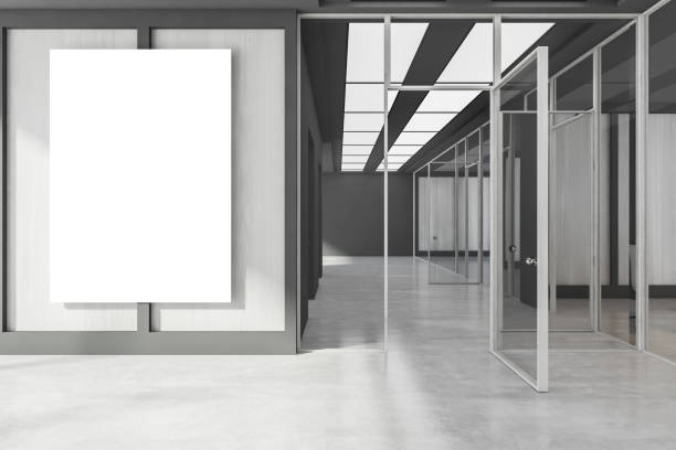 istock Light grey office hall interior with mockup poster before entrance 1332008314