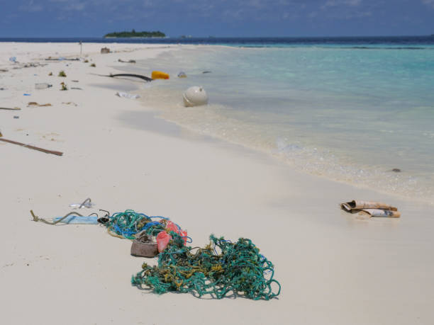 istock Scenic view of tropical beach littered in garbage 1332008459
