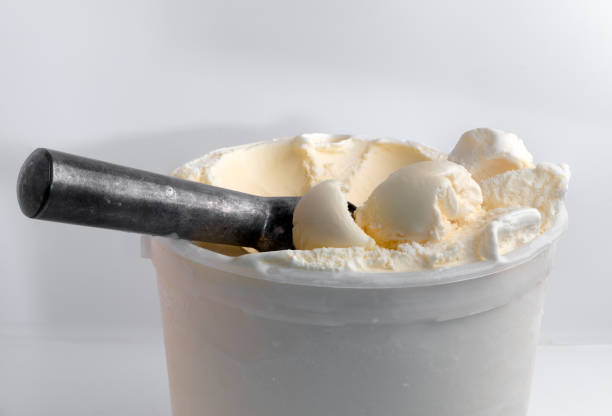 Scoops of Vanilla Ice Cream next to an ice cream scoop
