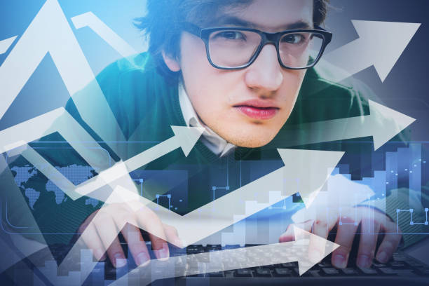 istock Businessman thinking portrait with hands on keyboard, arrows and candlesticks 1332008939