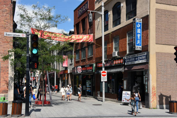Montreal, Canada - July 31, 2021: Rue De La Gauchetière and Saint-Urbain in the Chinatown area of Old Montreal.