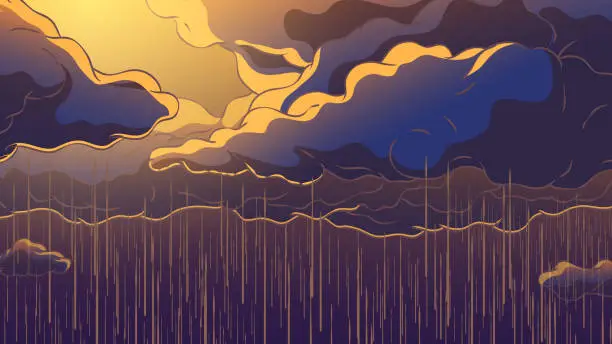 Vector illustration of Hand-drawn Scenic Cloudscape -  rain and cumulus clouds.
