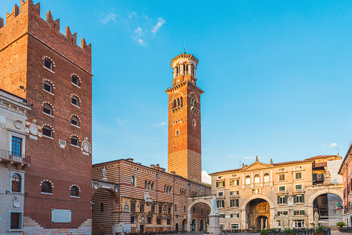 Piazza dei Signori in Verona old town with Lamberti tower. Tourist destination in Veneto, Italy