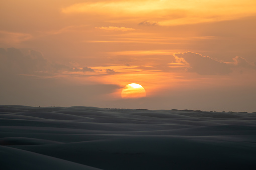 Sunset in Sand Dunes ans Lagoons in Lencois Maranhenses National Park, State of Maranhao, Brazil