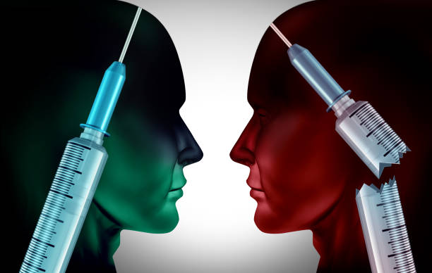 Anti-Vaxxer Anti-Vaxxer concept and unvaccinated and vaccinated people as anti-vaccine or individuals that oppose taking vaccines with 3D illustration elements. anti vaccination photos stock pictures, royalty-free photos & images