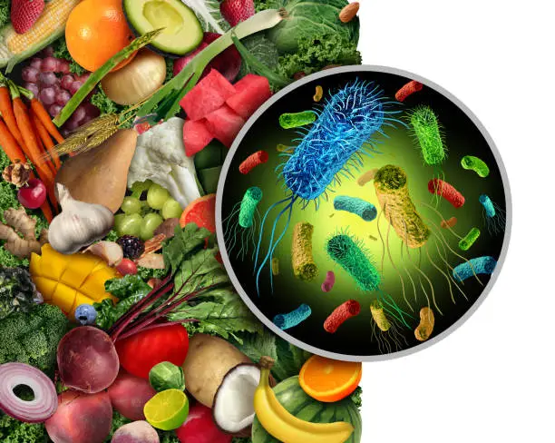Contaminated fruit and vegetables as infectious bacteria and contagious germs as salmonella or listeria on produce and eating bacterial contaminants on green food with as a produce safety concept 3D render elements.