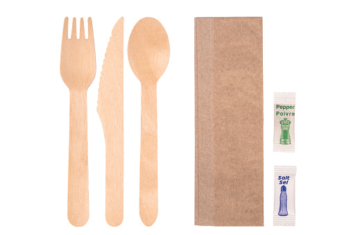 Eco friendly disposable wooden cutlery. Contains clipping path.