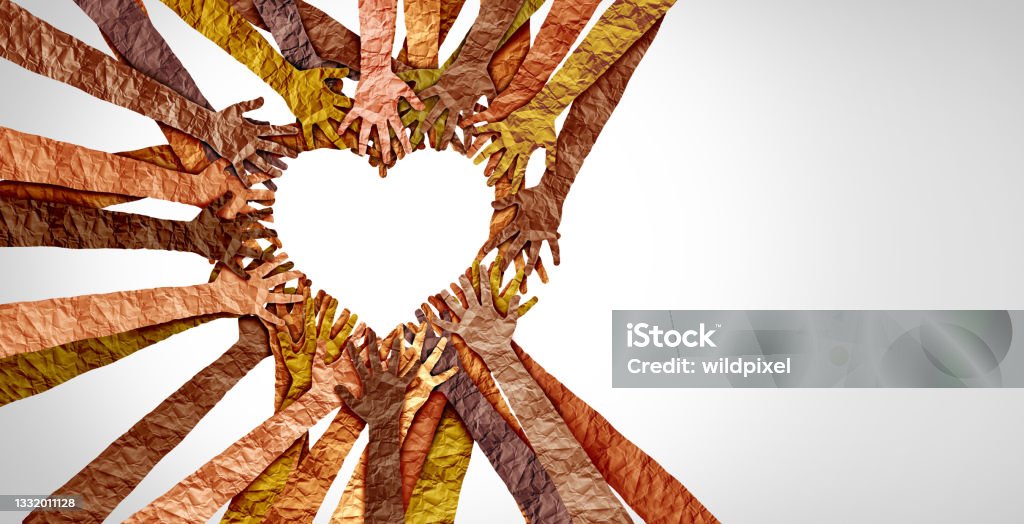 Diverse Hands Heart Diverse hands heart and united diversity or unity partnership in a group of multicultural people connected together shaped as a support symbol expressing the feeling of teamwork and togetherness. Black History Month Stock Photo