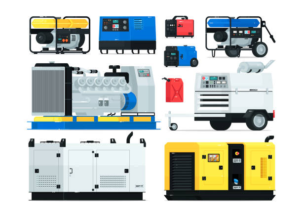 Stationary and portable diesel power generator set Stationary, industrial and portable diesel power generator. Energy generating backup equipment and electricity voltage source alternator machine vector illustration isolated on white background generator stock illustrations