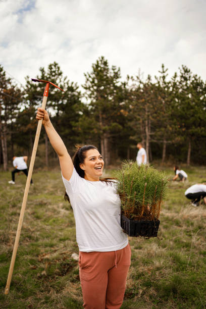 istock A young woman is planting a pine tree in the forest 1332013663